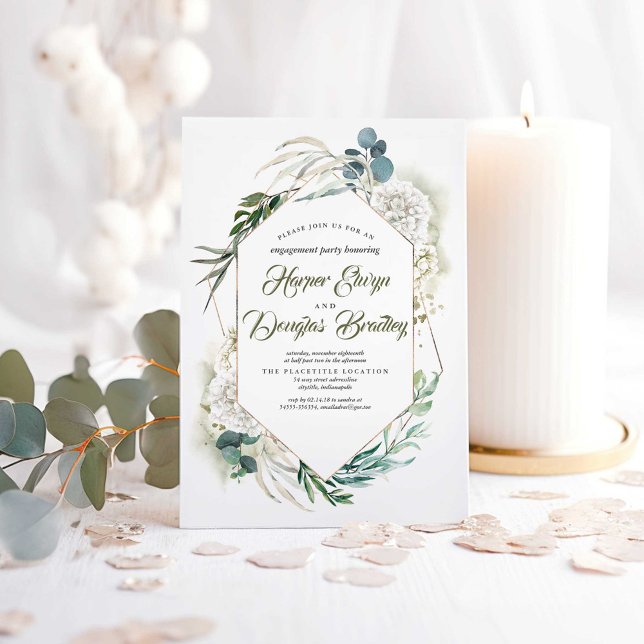 Invitación Partido de compromiso de la hidrangea blanca y la  (Greenery Boho Engagement Party Invitations)