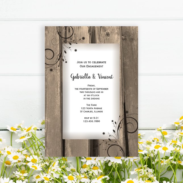 Invitación Partido de compromiso de la madera y las flores de (Invite guests to your rustic barn party celebration with this charming engagement invitation.)