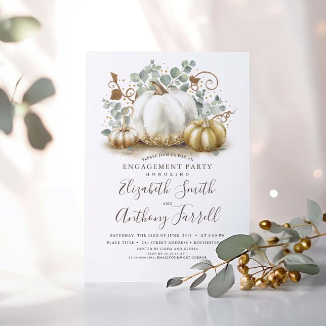 Invitación Partido de compromiso de las calabazas blancas y d (Eucalyptus Greenery and Pumpkins Fall Engagement Party Invitations)