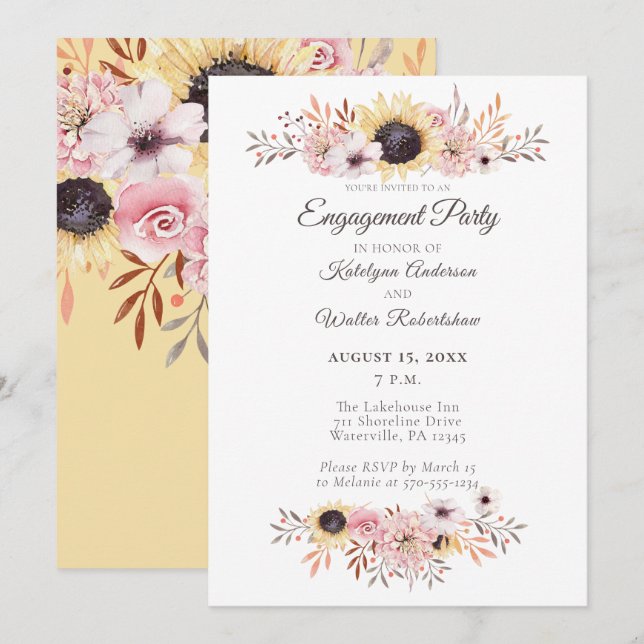 Invitación Partido de compromiso de los Bouquet de Girasol (Anverso / Reverso)