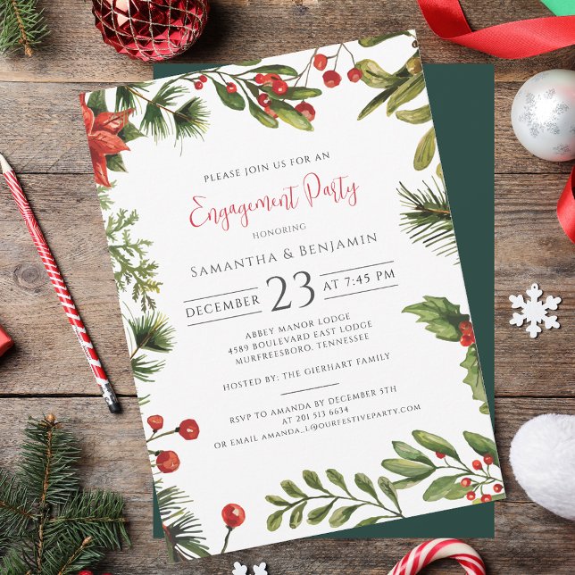 Invitación Partido de Compromiso de los navidades Berries Mis (Christmas Engagement Party Berries Mistletoe Invitation)