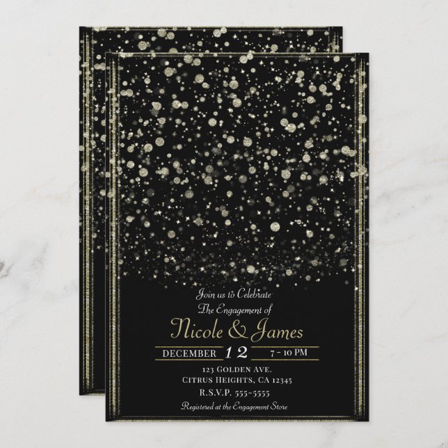 Invitación Partido de compromiso de manchas de oro y confetti (Anverso / Reverso)