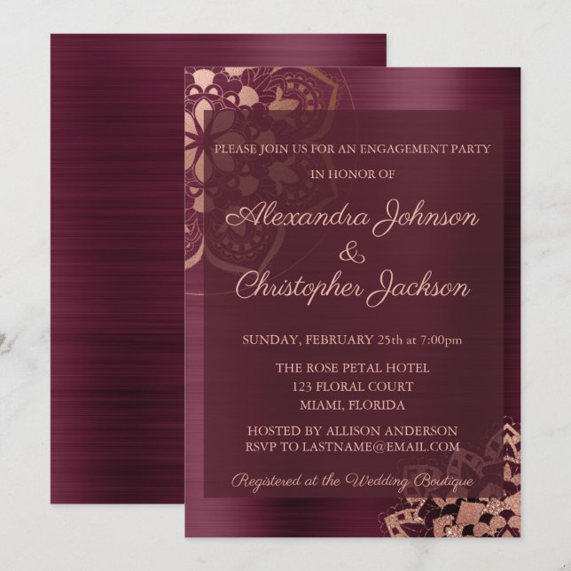 Invitación Partido de compromiso de Mandala de Borgoña y Rosa (Anverso / Reverso)