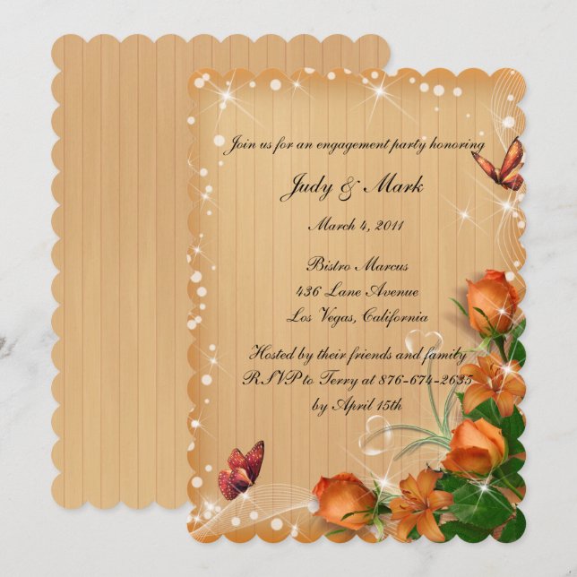 Invitación Partido de compromiso de mariposa floral de madera (Anverso / Reverso)