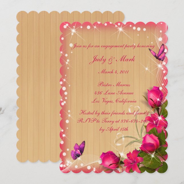 Invitación Partido de compromiso de mariposa floral rosada de (Anverso / Reverso)