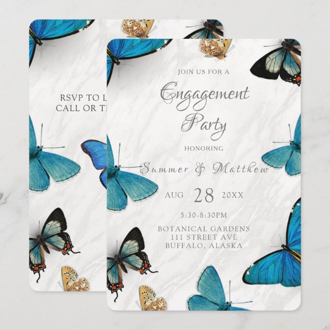 Invitación Partido de compromiso de mariposa pintada de azul  (Anverso / Reverso)