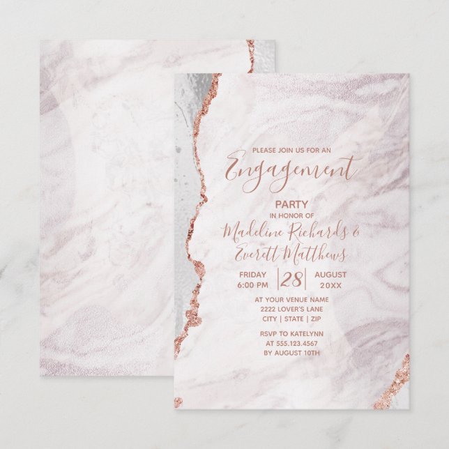 Invitación Partido de compromiso de mármol blanco y Rosa de o (Anverso / Reverso)