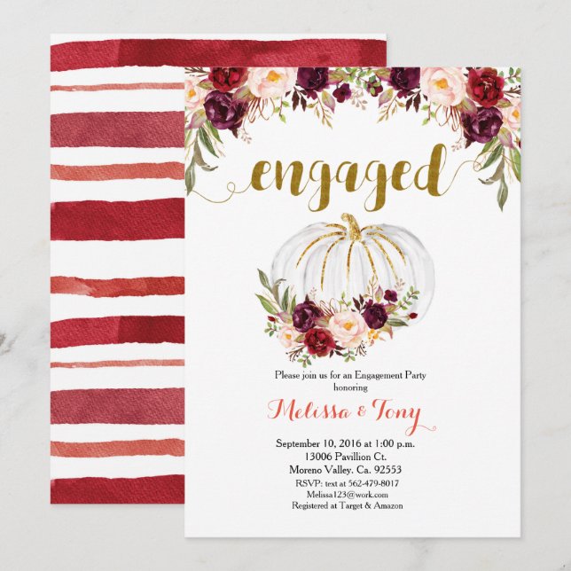 Invitación Partido de compromiso de Marsala Floral Gold Purpu (Anverso / Reverso)