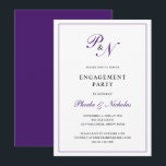 Invitación Partido de compromiso de monograma púrpura formal<br><div class="desc">La clásica invitación a la fiesta de compromiso con un diseño sencillo con tu primer monograma y tus nombres en una elegante caligrafía real violeta dentro de un delgado borde. El trasero es púrpura sólido. Este diseño clásico es perfecto para una fiesta de compromiso formal en otoño/otoño.</div>