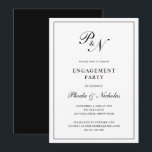 Invitación Partido de compromiso de monogramas formales en bl<br><div class="desc">La clásica invitación a la fiesta de compromiso con un diseño sencillo con su monograma inicial y sus nombres en una elegante caligrafía dentro de un delgado borde. El trasero es negro sólido. Este diseño clásico es perfecto para una fiesta de compromiso formal.</div>