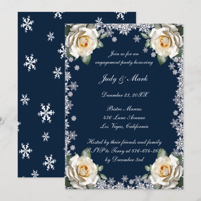 Invitación Partido de compromiso de Navidades de copos de nie (Anverso / Reverso)
