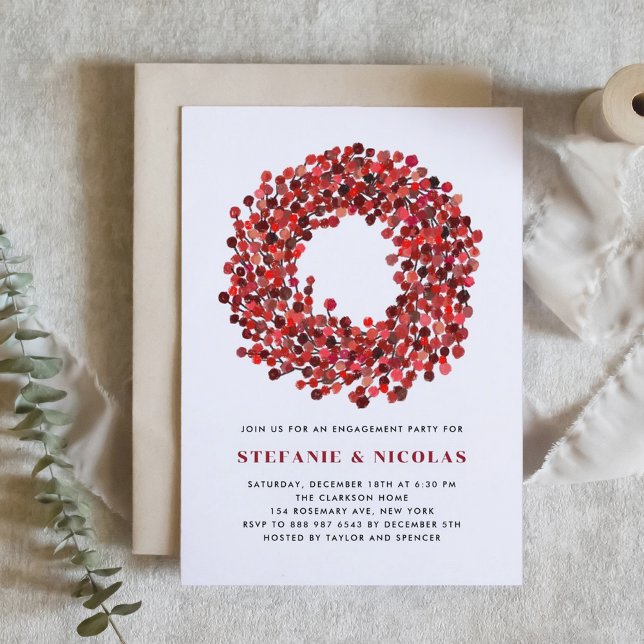 Invitación Partido de compromiso de Navidades de la guirnalda (Engagement party invitation featuring watercolor winterberry wreath. Perfect for Christmas events.)
