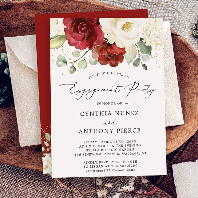 Invitación Partido de Compromiso de Oro Floral Blanco Rojo Mo (Subido por el creador)