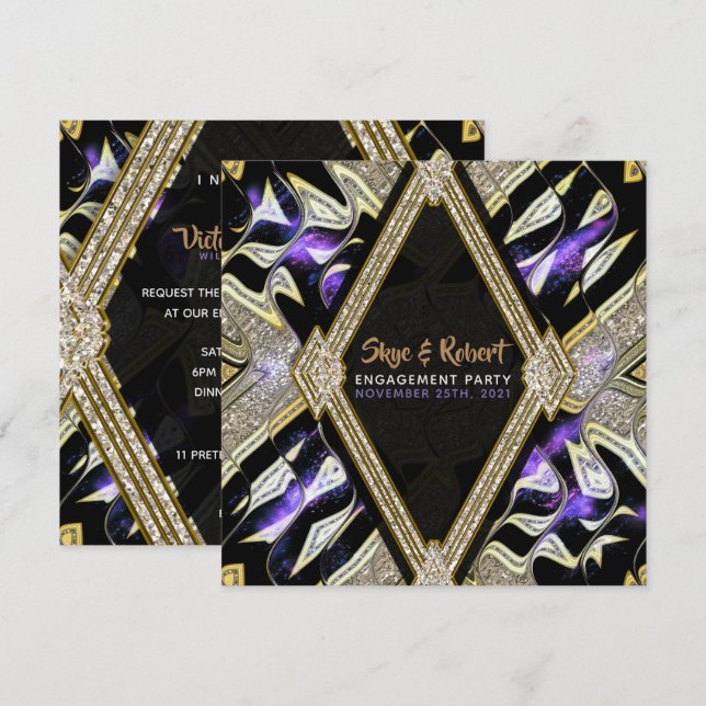 Invitación Partido de compromiso de oro morado y glamour negr (Anverso / Reverso)