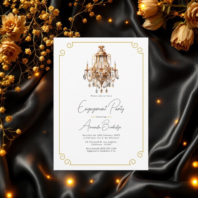 Invitación Partido de compromiso de oro y negro de la estétic (Old Money Aesthetic Black & Gold Engagement Party Invitation)