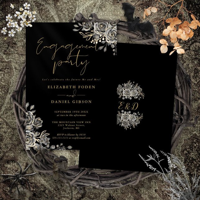 Invitación Partido De Compromiso De Oro Y Negro Floral Gótico (Gothic Floral Black And Gold Engagement Party Invitation)