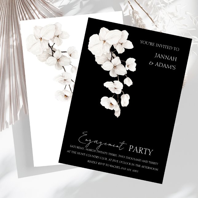 Invitación Partido de compromiso de orquídeas blancas negras  (Modern Black and White Orchids Flowers Engagement Party Wedding Invitation)