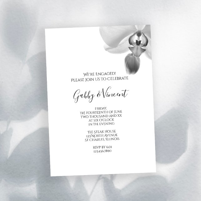 Invitación Partido de compromiso de orquídeas negras y blanca (Set an elegant tone to celebrate your Engagement)