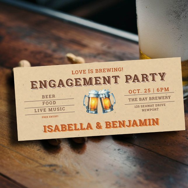 Invitación Partido de compromiso de pareja de cervecería con  (beer themed engagement party invitation brewery rustic kraft ticket festival)