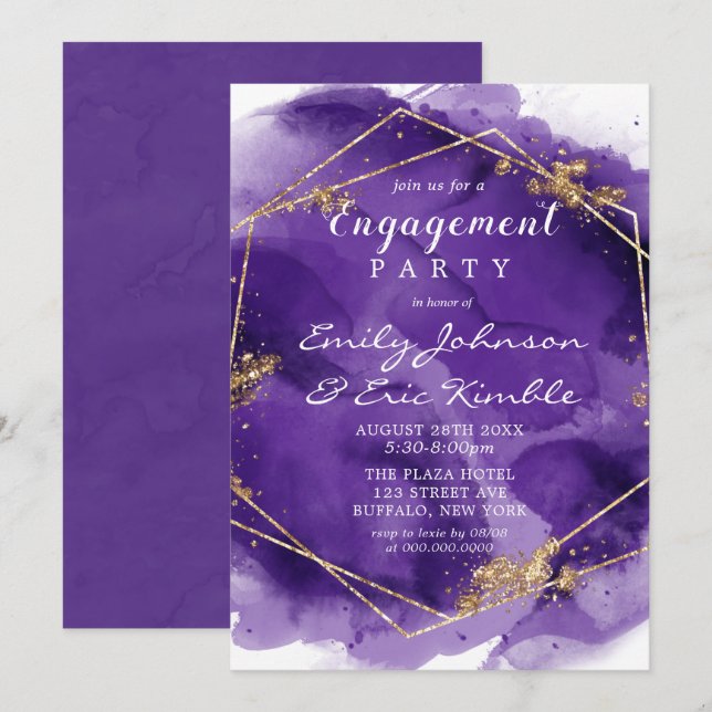 Invitación Partido de compromiso de pintura de oro de lavanda (Anverso / Reverso)