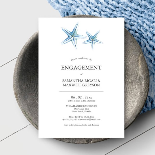 Invitación Partido de compromiso de playa invita a la estrell (Beach engagement party invites feature unique watercolor starfish art by Victoria Grigaliunas)
