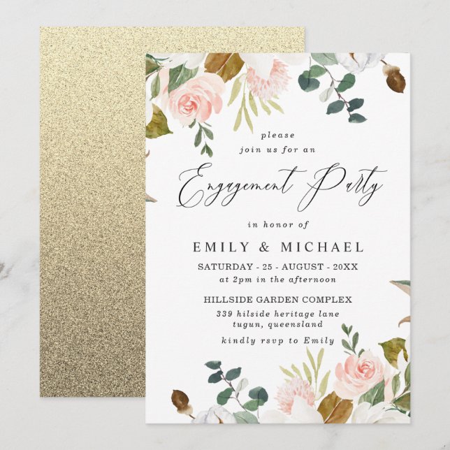 Invitación Partido de compromiso de Purpurinas de oro floral  (Anverso / Reverso)