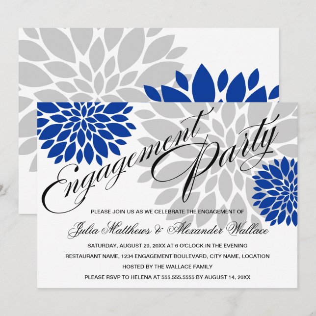 Invitación Partido de compromiso de ráfagas florales de plata (Anverso / Reverso)