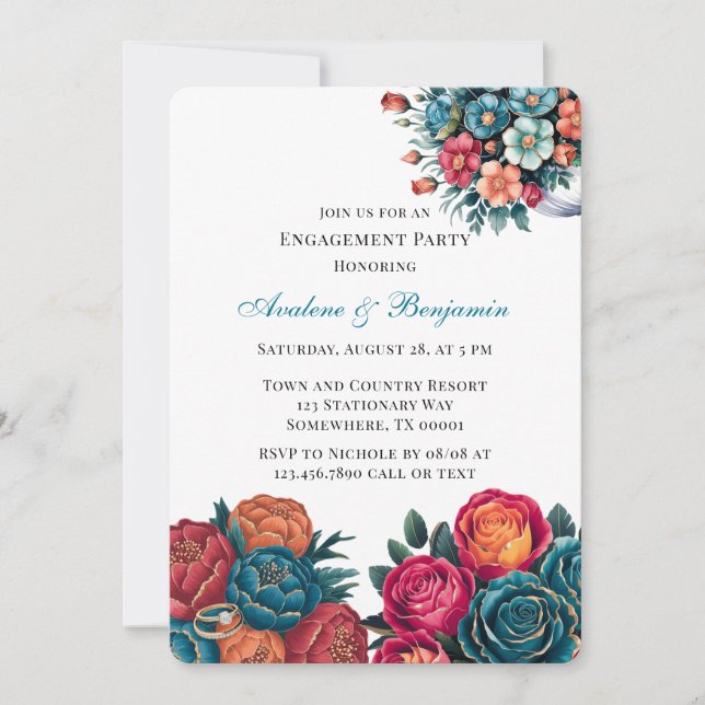 Invitación Partido de compromiso de Red Peony Bouquet, Naranj (Anverso)