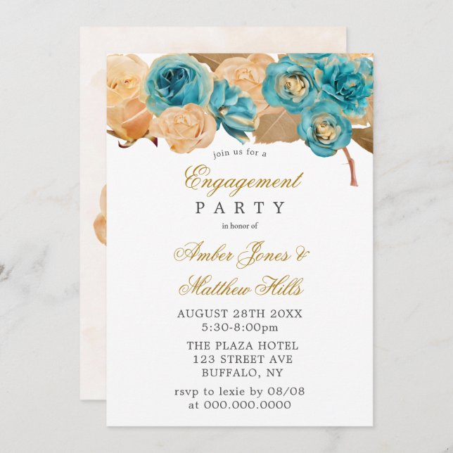 Invitación Partido de compromiso de Rosas de oro verde azulad (Anverso / Reverso)