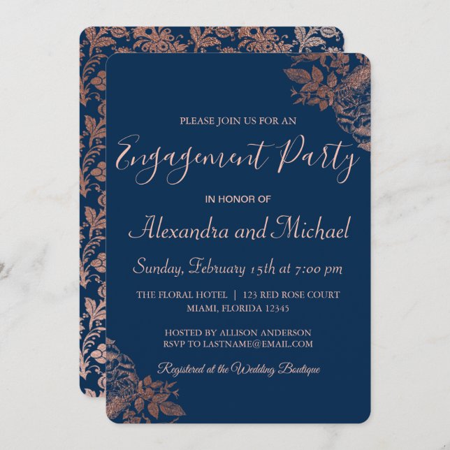 Invitación Partido de compromiso de Rosas Rosas de oro y azul (Anverso / Reverso)