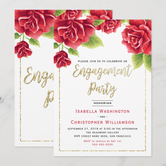 Invitación Partido de compromiso de Roses Rojos y Purpurinas  (Anverso / Reverso)