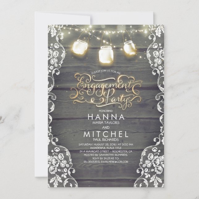 Invitación Partido de compromiso de Rustic Wood Lace Mason Ja (Anverso)