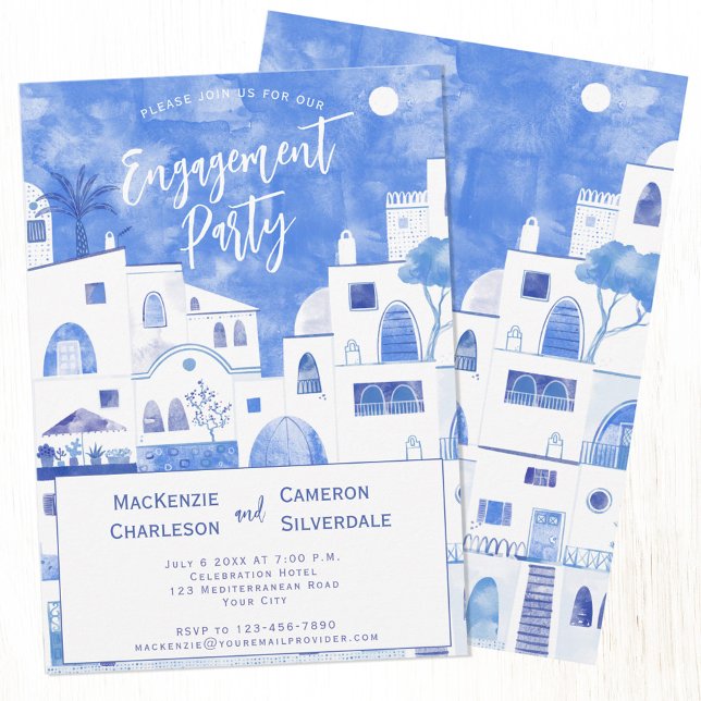 Invitación Partido de compromiso de Santorini (Santorini Mediterranean themed blue and white Engagement party invitations with custom text)