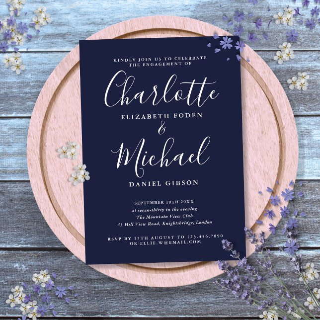 Invitación Partido de compromiso de script de firma azul de l (Navy Blue Signature Script Engagement Party Invitation)