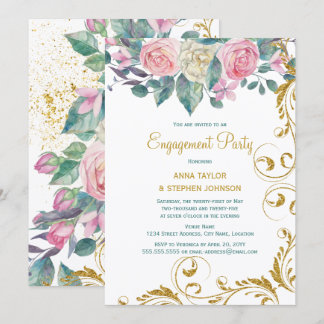 Invitación Partido de compromiso de Swirls Purpurina de oro b