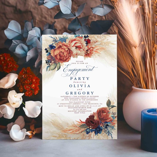 Invitación Partido de compromiso de Terracota Azul de la Mari (Navy Blue and Terracotta Fall Engagement Party Invitations)
