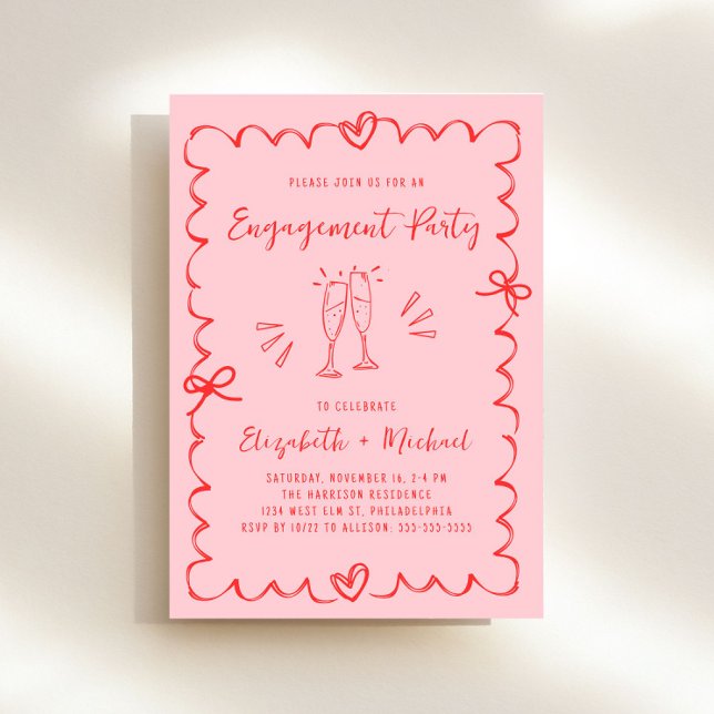 Invitación Partido de compromiso de tramas rojas y onduladas  (Whimsical pink + red engagement party invitation to set the tone for an unforgettable event)