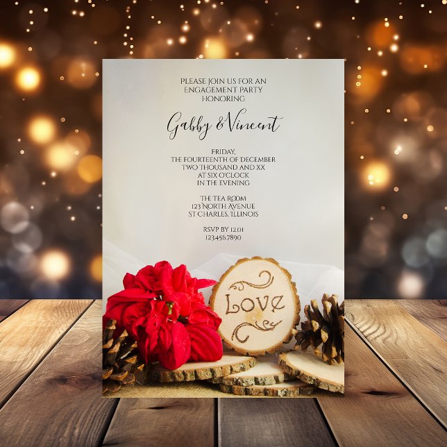 Invitación Partido de compromiso de Woodland de la Poinsettia (Perfect inspo for your rustic wintery engagement celebration event)
