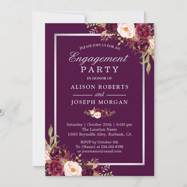 Invitación Partido de compromiso del Boda floral Glam Plum Pu (Anverso)