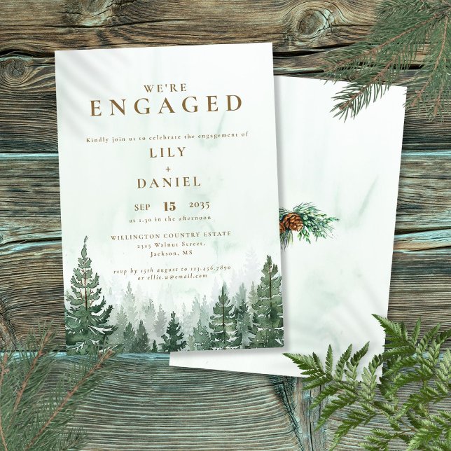 Invitación Partido de compromiso del bosque de pinos de acuar (Rustic Watercolor Pine Forest Engagement Party Invitation)