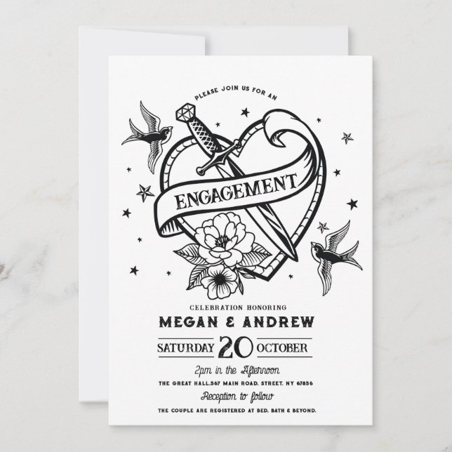 Invitación Partido de compromiso del corazón Tatuaje tradicio (Anverso)