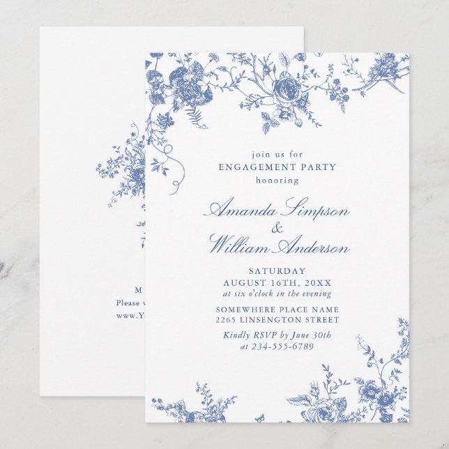 Invitación PARTIDO DE COMPROMISO DEL JARDÍN Azul Victoriano (Anverso / Reverso)