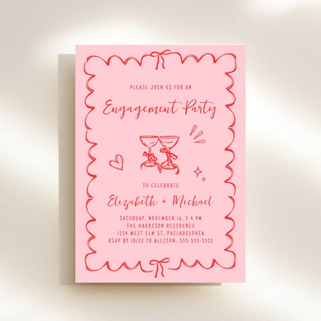 Invitación Partido de compromiso del marco ondulado rojo rosa (Whimsical pink + red engagement party invitation to set the tone for an unforgettable event)