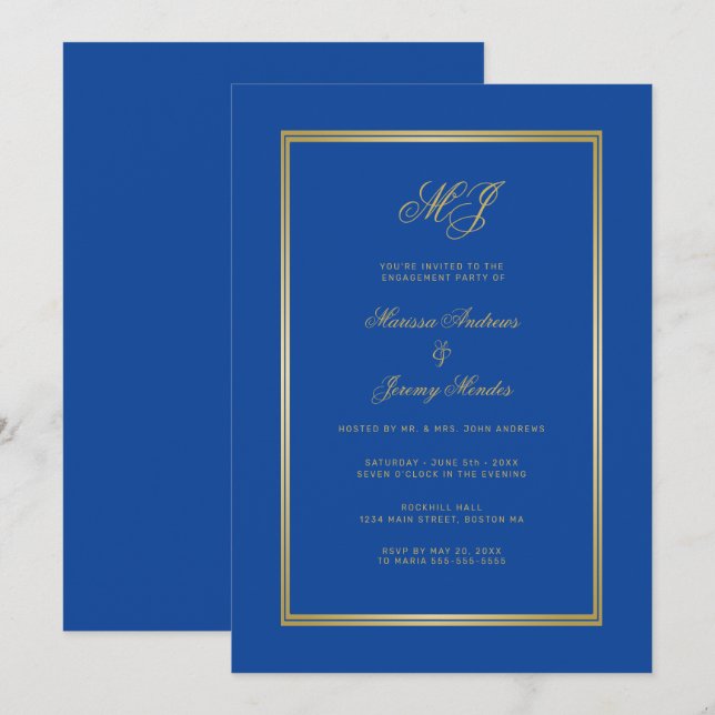 Invitación Partido de compromiso del Monograma de Oro Azul de (Anverso / Reverso)