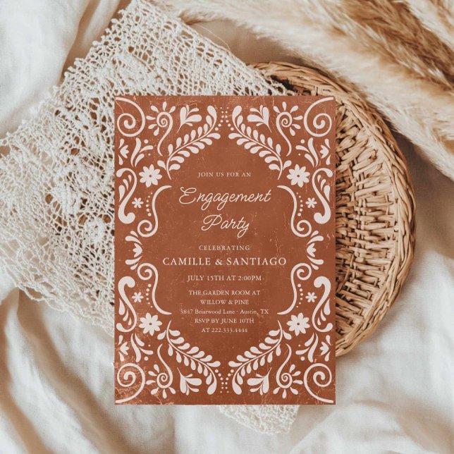 Invitación Partido de Compromiso del Papel Ruso Mexicano (Terracotta Papel Picado Engagement Party Invitation)