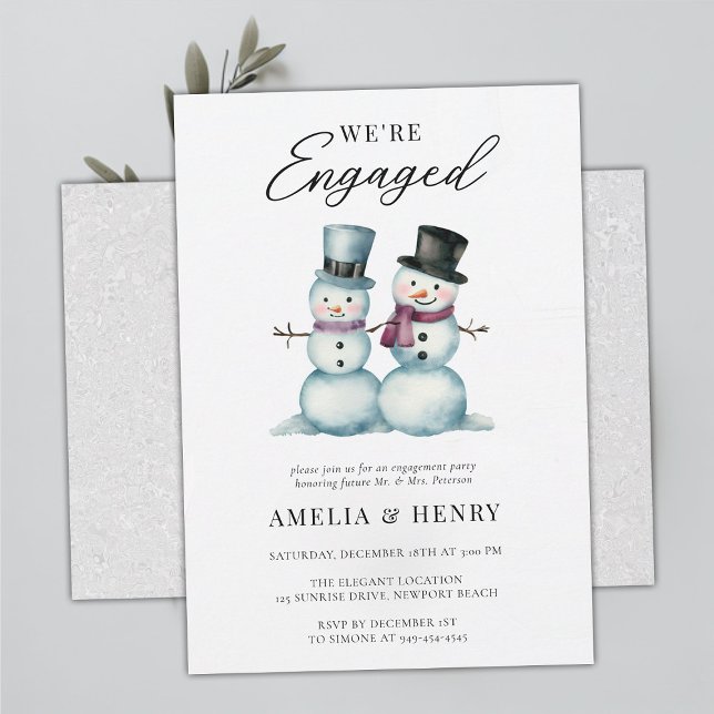 Invitación Partido de compromiso divertido y divertido de los (funny casual engagement party snowman winter cute humor watercolor snow in love were engaged)