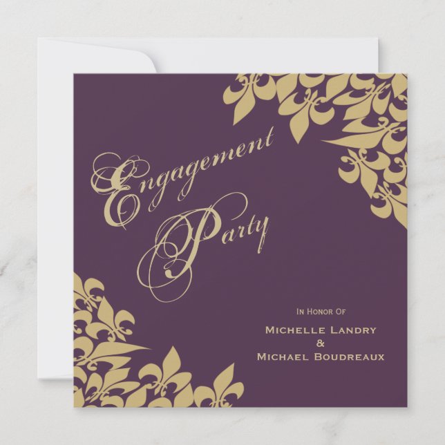 Invitación Partido de compromiso Eggplant Purple Gold Fleur d (Anverso)