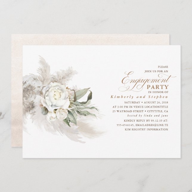 Invitación Partido de Compromiso Elegante de Grass Floral Whi (Anverso / Reverso)