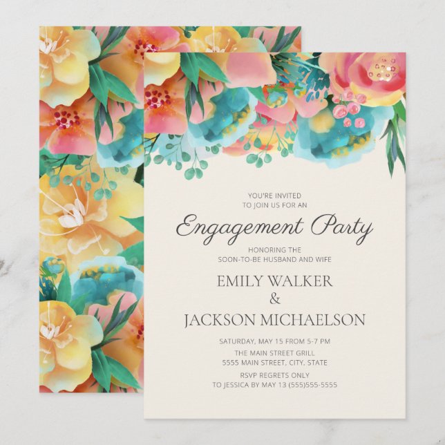 Invitación Partido de compromiso floral amarillo rosado Verde (Anverso / Reverso)
