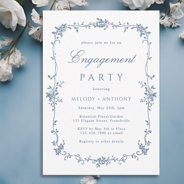 Invitación Partido de compromiso floral azul clásico francés (Subido por el creador)